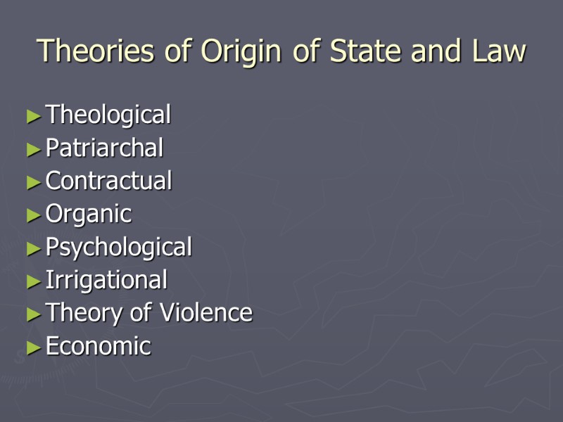 Theories of Origin of State and Law Theological Patriarchal Contractual Organic Psychological Irrigational Theory